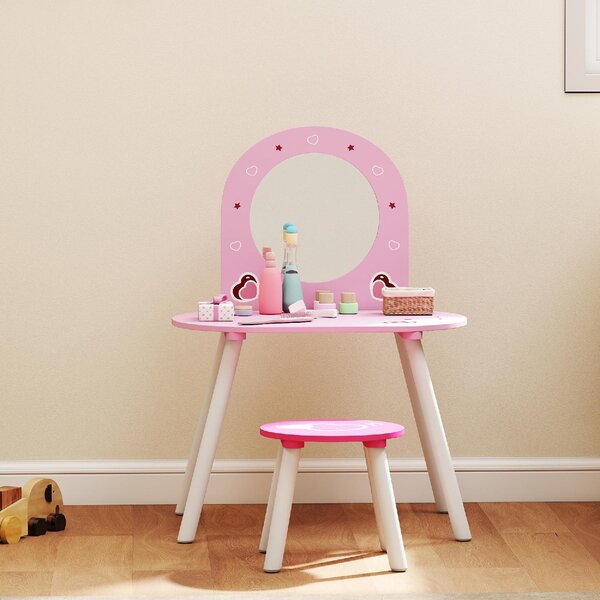 DecHome Set Toeletta Trucco Bambina 3-6 Anni con Sgabello Specchio Infrangibile Design con Cuori colore Rosa