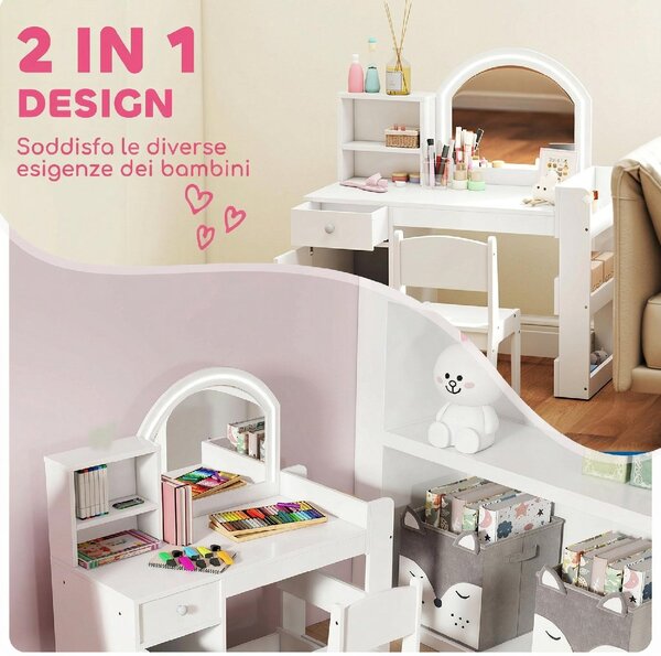 DecHome Set Toeletta Trucco Bambina 3-8 Anni con Specchio Sedia Luce LED Armadietto colore Bianco