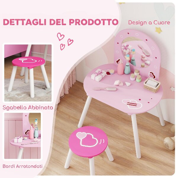 DecHome Set Toeletta Trucco Bambina 3-6 Anni con Sgabello Specchio Infrangibile Design con Cuori colore Rosa