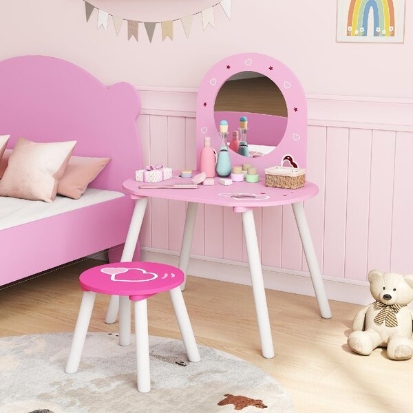 DecHome Set Toeletta Trucco Bambina 3-6 Anni con Sgabello Specchio Infrangibile Design con Cuori colore Rosa