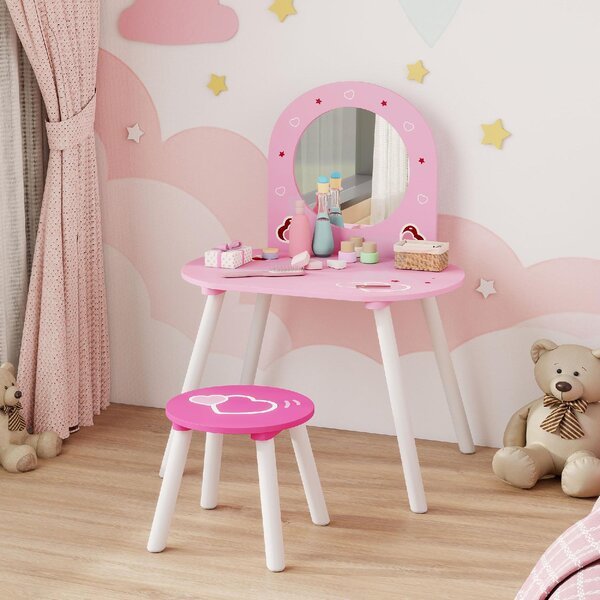 DecHome Set Toeletta Trucco Bambina 3-6 Anni con Sgabello Specchio Infrangibile Design con Cuori colore Rosa