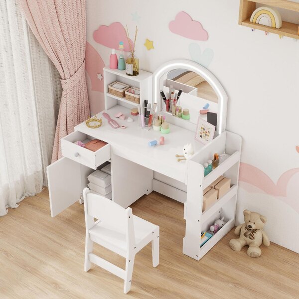 DecHome Set Toeletta Trucco Bambina 3-8 Anni con Specchio Sedia Luce LED Armadietto colore Bianco