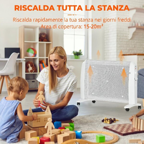 DecHome Termoconvettore Stufa Elettrica 1000W/2000W con Termostato Regolabile 4 Ruote 15-20 m colore Bianco