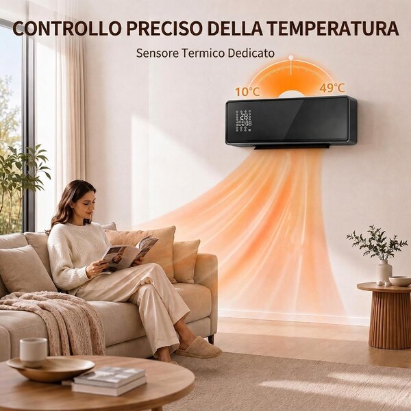 DecHome Termoventilatore da Parete Stufa Elettrica Ceramica Potenza 2000W Temperatura Regolabile Timer Telecomando colore Nero