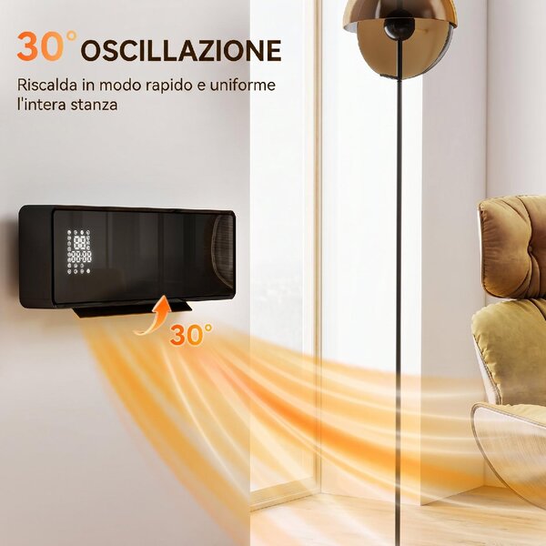 DecHome Termoventilatore da Parete Stufa Elettrica Ceramica Potenza 2000W Temperatura Regolabile Timer Telecomando colore Nero