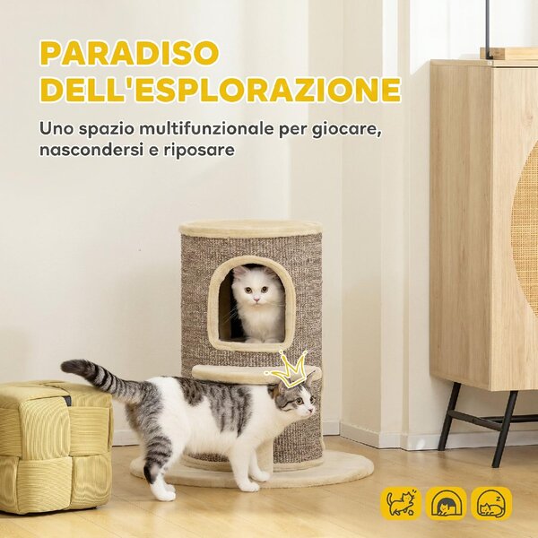 AllMyPets Torre per Gatti a 2 Livelli con 2 Nascondigli Piattaforma Superficie in Sisal 60x60x 61 cm colore Beige/Marrone
