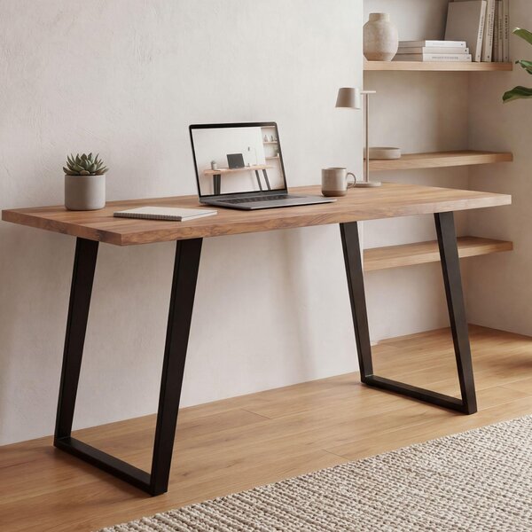 FineBuy scrivania 120x60x76 cm in legno massiccio di acacia / metallo scrivania per computer bordo albero casa ufficio scrivania solida con gambe a U in nero scrivania in legno
