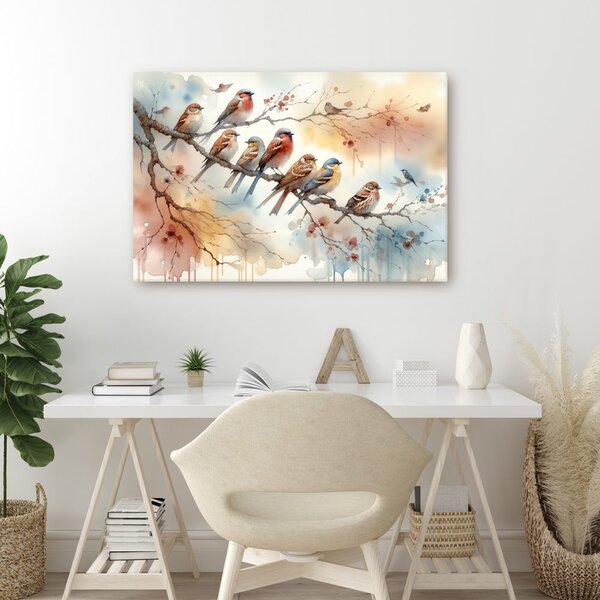 Quadro su tela – Stormo di uccelli sul ramo