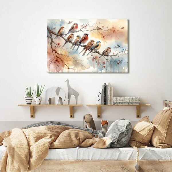 Quadro su tela – Stormo di uccelli sul ramo