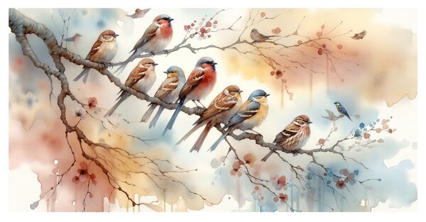Quadro su tela – Uccellini colorati sul ramo