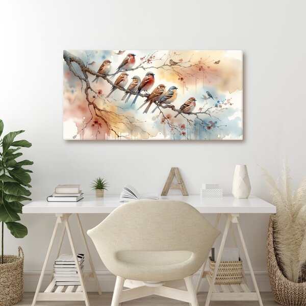Quadro su tela – Uccellini colorati sul ramo