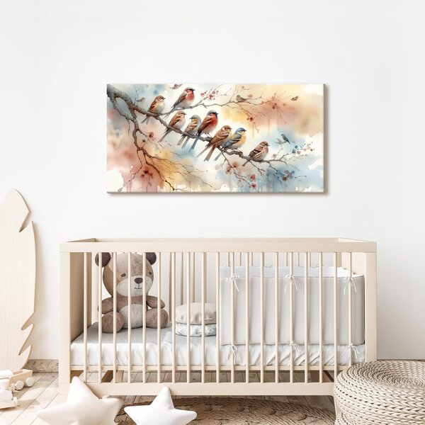 Quadro su tela – Uccellini colorati sul ramo