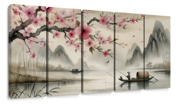 Quadri 5 pezzi – Pescatore e fiori di sakura