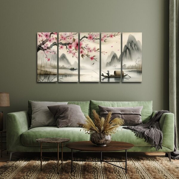 Quadri 5 pezzi – Pescatore e fiori di sakura