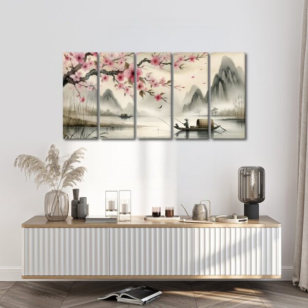 Quadri 5 pezzi – Pescatore e fiori di sakura