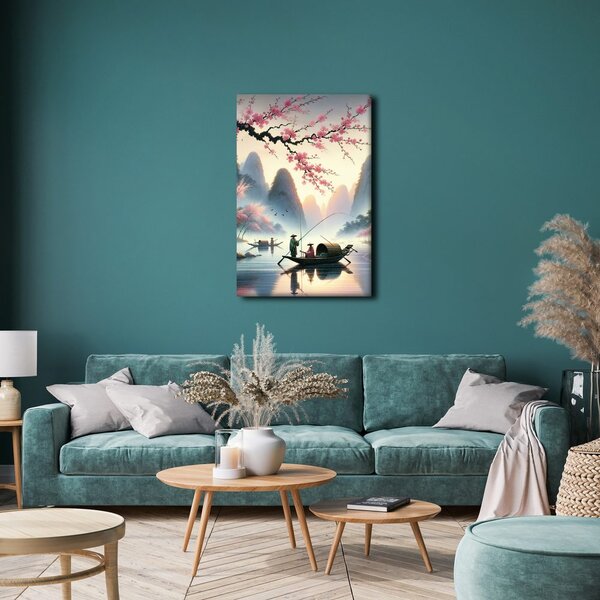 Quadro su tela – Pescatori sotto le montagne