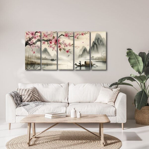 Quadri 5 pezzi – Pescatore e fiori di sakura