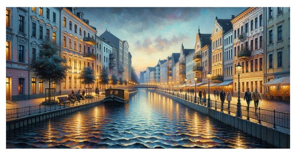 Quadro su tela – Lungofiume illuminato di sera