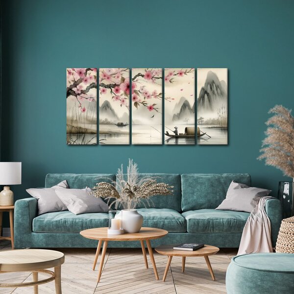 Quadri 5 pezzi – Pescatore e fiori di sakura