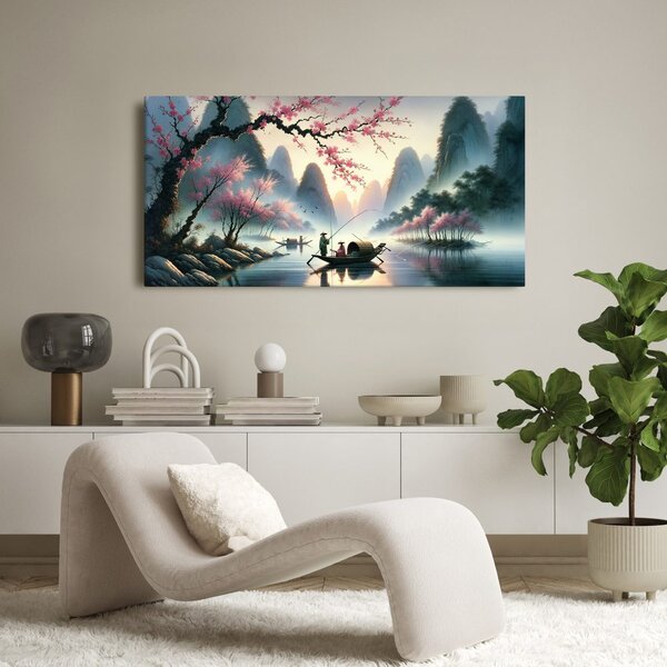 Quadro su tela – Pescatori tra le montagne all’alba