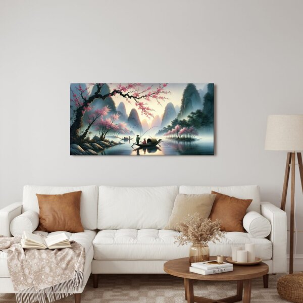 Quadro su tela – Pescatori tra le montagne all’alba