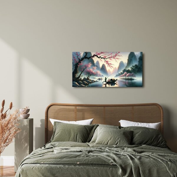 Quadro su tela – Pescatori tra le montagne all’alba