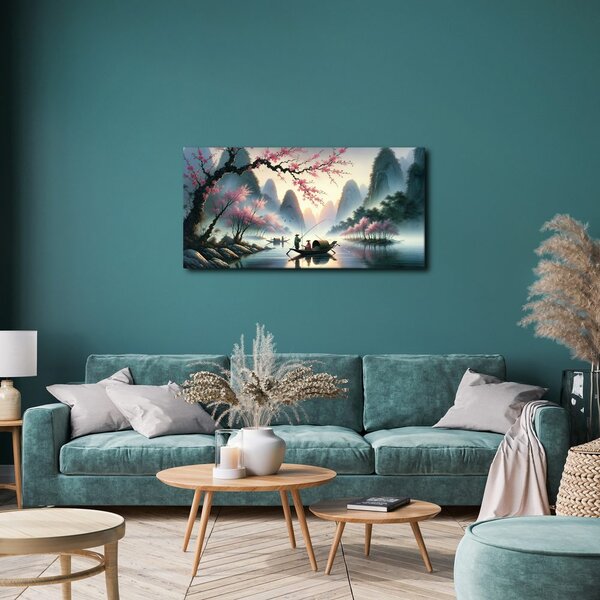 Quadro su tela – Pescatori tra le montagne all’alba