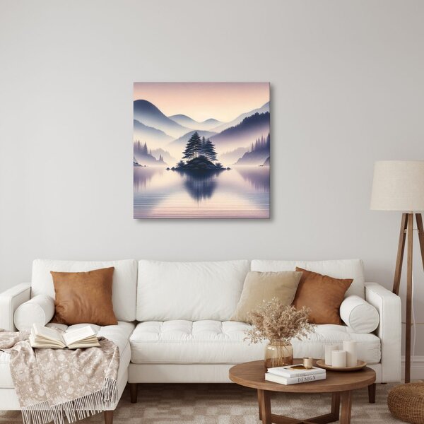 Quadro su tela – Lago e montagne nebbiose
