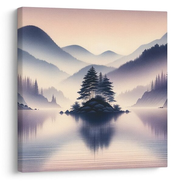 Quadro su tela – Lago e montagne nebbiose