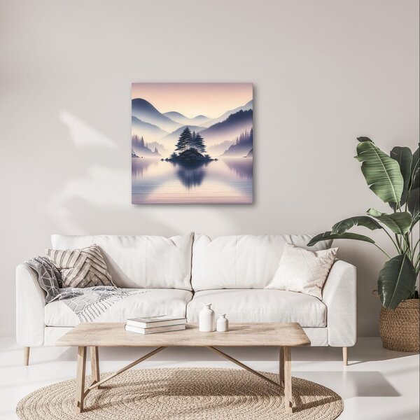 Quadro su tela – Lago e montagne nebbiose