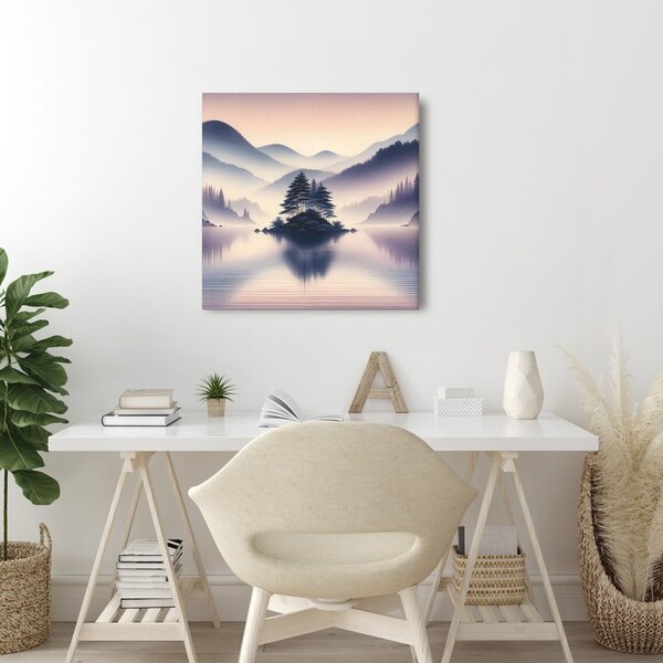 Quadro su tela – Lago e montagne nebbiose