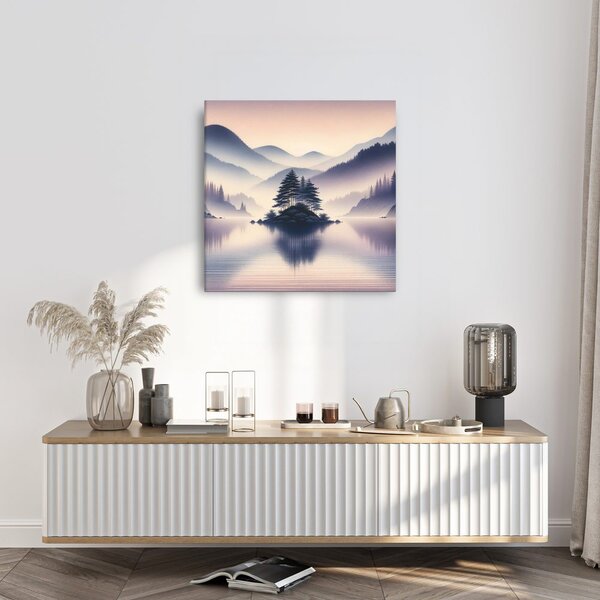 Quadro su tela – Lago e montagne nebbiose