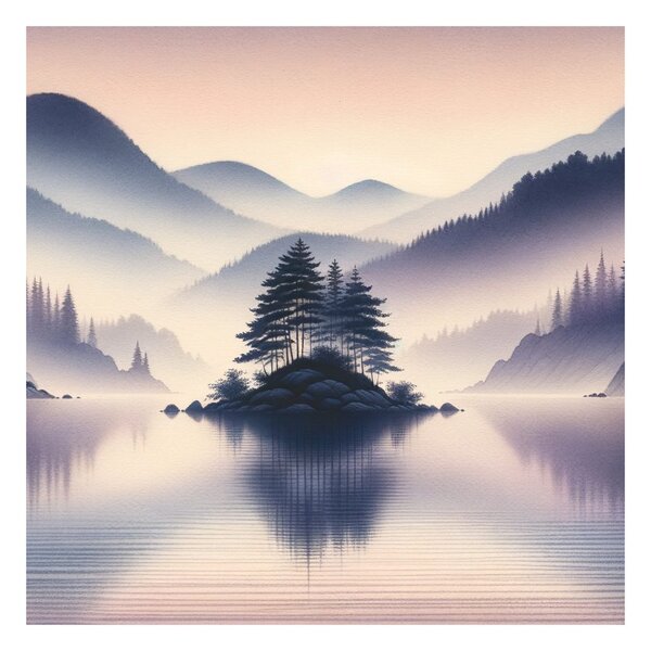 Quadro su tela – Lago e montagne nebbiose