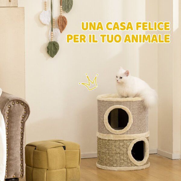 PawHut Cuccia per Gatti Tiragraffi a Torre con 2 Nicchie, Corda in Sisal e Alga Marina, Bordo Peluche, Cachi | Aosom Italy