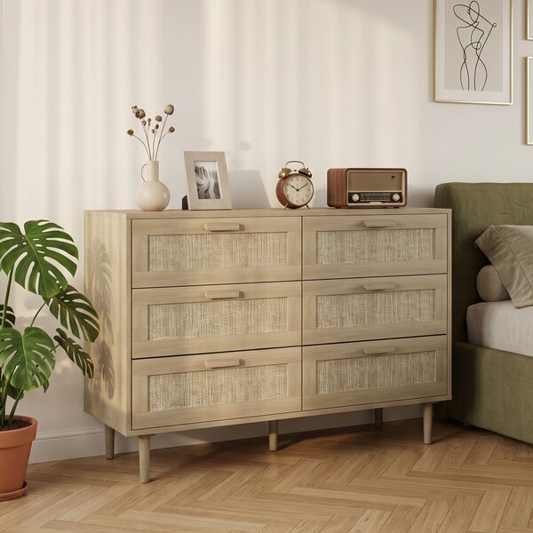 HOMCOM Cassettiera 6 Cassetti in Rattan con Gambe in Legno, Settimino per Soggiorno e Camera da Letto, 110x40x75 cm, Legno Naturale | Aosom Italy