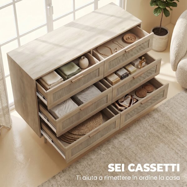 HOMCOM Cassettiera 6 Cassetti in Rattan con Gambe in Legno, Settimino per Soggiorno e Camera da Letto, 110x40x75 cm, Legno Naturale | Aosom Italy
