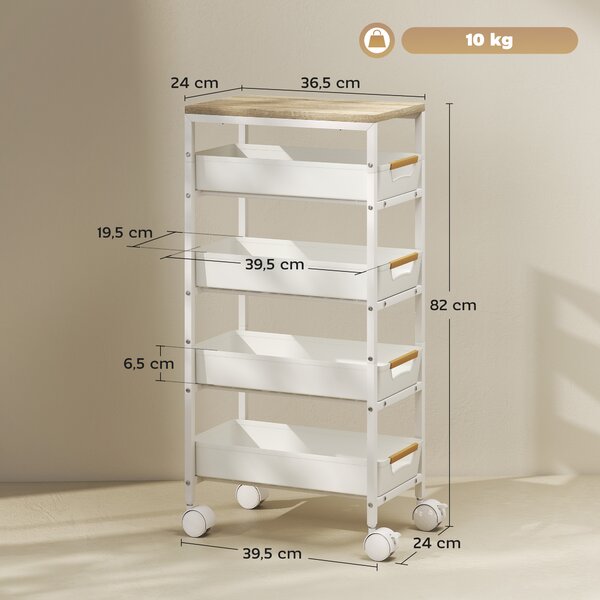 HOMCOM Carrello da Cucina a 5 Livelli con 4 Cesti Estraibili, in Metallo, PP e Legno, 39.5x24x82 cm, Bianco e Rovere | Aosom Italy