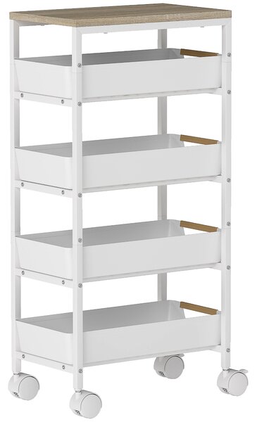 HOMCOM Carrello da Cucina a 5 Livelli con 4 Cesti Estraibili, in Metallo, PP e Legno, 39.5x24x82 cm, Bianco e Rovere | Aosom Italy