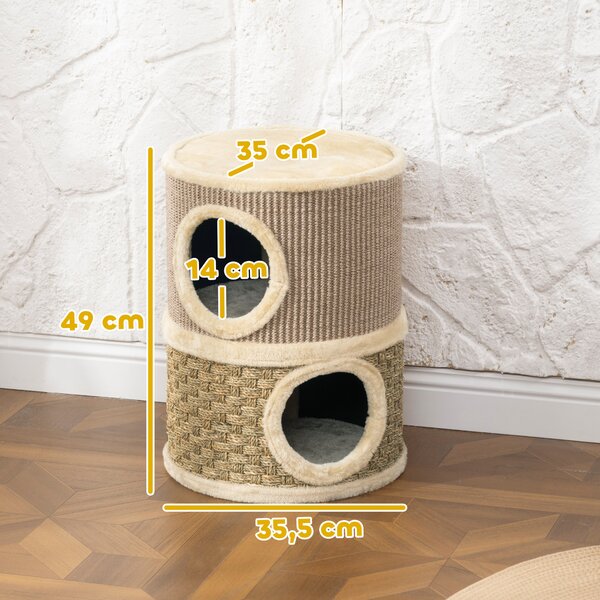 PawHut Cuccia per Gatti Tiragraffi a Torre con 2 Nicchie, Corda in Sisal e Alga Marina, Bordo Peluche, Cachi | Aosom Italy