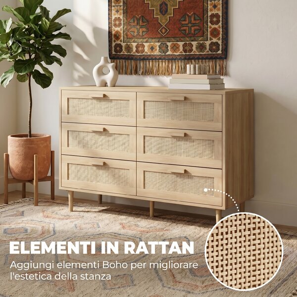 HOMCOM Cassettiera 6 Cassetti in Rattan con Gambe in Legno, Settimino per Soggiorno e Camera da Letto, 110x40x75 cm, Legno Naturale | Aosom Italy