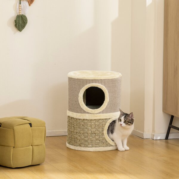 PawHut Cuccia per Gatti Tiragraffi a Torre con 2 Nicchie, Corda in Sisal e Alga Marina, Bordo Peluche, Cachi | Aosom Italy