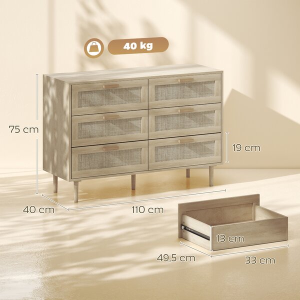 HOMCOM Cassettiera 6 Cassetti in Rattan con Gambe in Legno, Settimino per Soggiorno e Camera da Letto, 110x40x75 cm, Legno Naturale | Aosom Italy