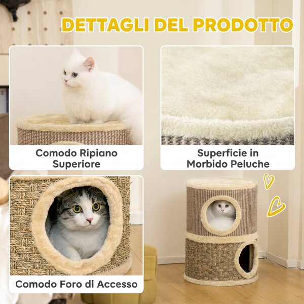 PawHut Cuccia per Gatti Tiragraffi a Torre con 2 Nicchie, Corda in Sisal e Alga Marina, Bordo Peluche, Cachi | Aosom Italy
