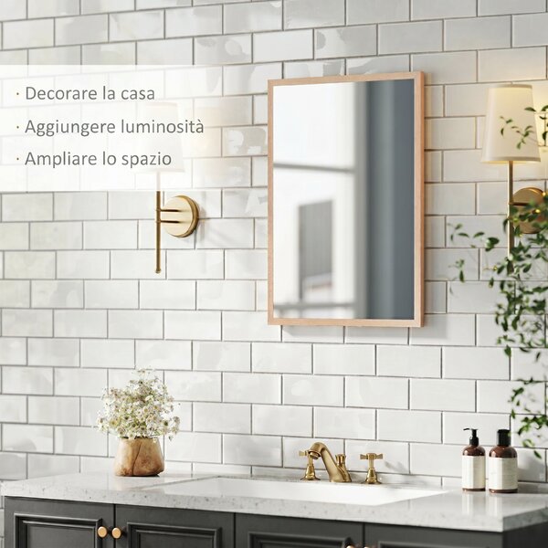 HOMCOM Specchio da Parete Rettangolare con Ganci, Specchio a Muro in Vetro e MDF, 50x70 cm, Color Legno | Aosom Italy