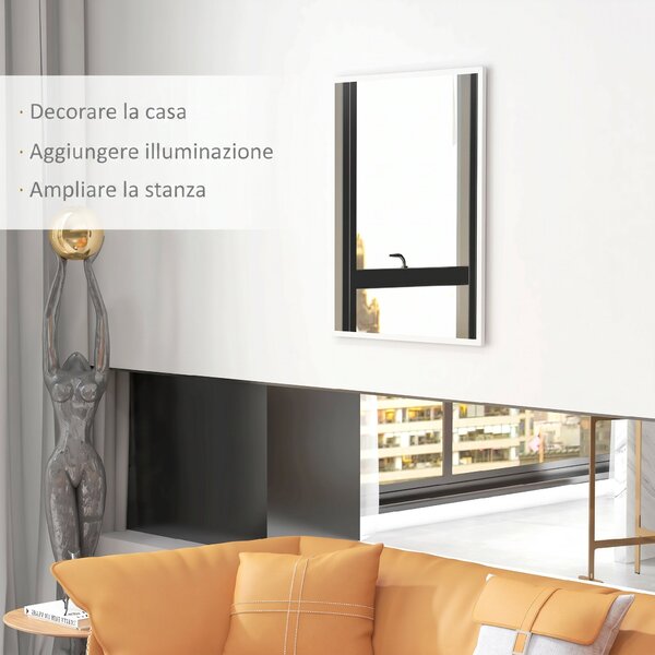 HOMCOM Specchio Bagno Parete Rettangolare con Ganci, Specchio da Camera in Vetro e MDF, 70x90 cm, Bianco | Aosom Italy