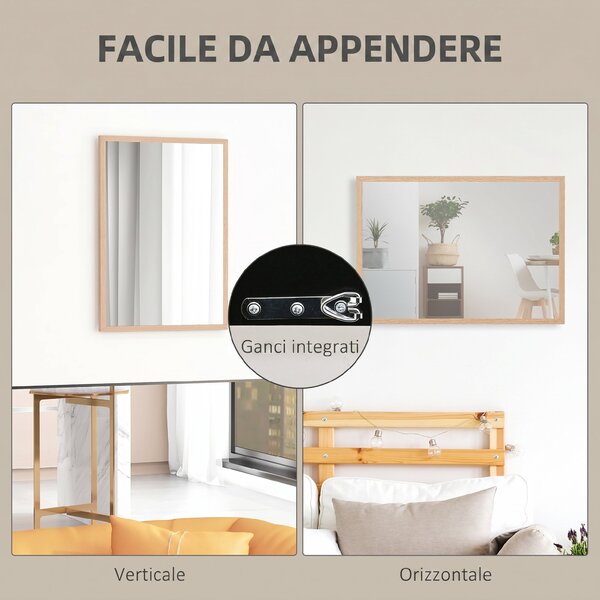 HOMCOM Specchio da Parete Rettangolare con Ganci, Specchio a Muro in Vetro e MDF, 50x70 cm, Color Legno | Aosom Italy