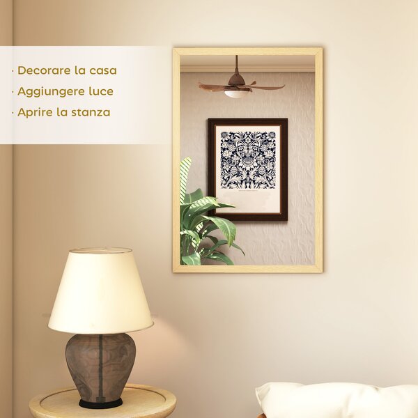 HOMCOM Specchio da Parete Rettangolare con Ganci, Specchio a Muro in Vetro e MDF, 40x60 cm, Color Legno | Aosom Italy