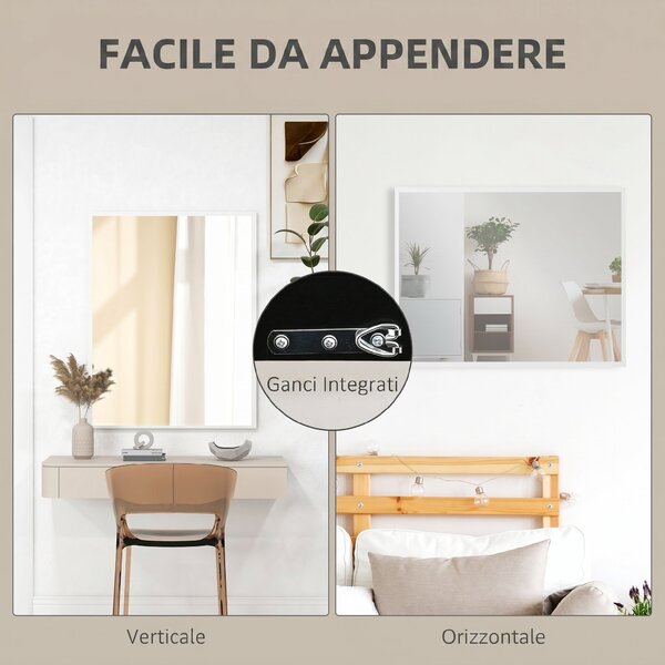 HOMCOM Specchio Bagno Parete Rettangolare con Ganci, Specchio da Camera in Vetro e MDF, 70x90 cm, Bianco | Aosom Italy
