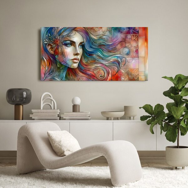Quadro su tela – Donna con capelli arcobaleno