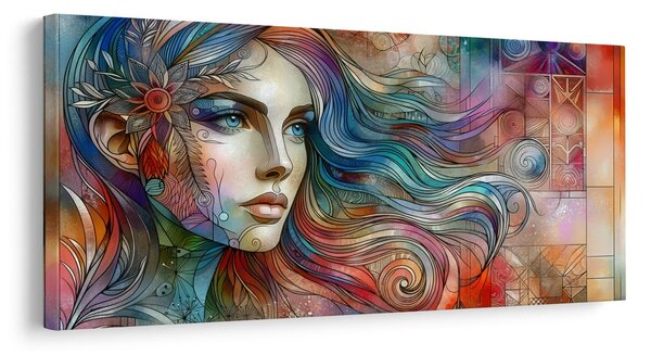Quadro su tela – Donna con capelli arcobaleno